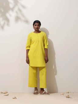 trueBrowns - Lime Cotton Linen Kurta Co-Ord Set (Set of 2)
