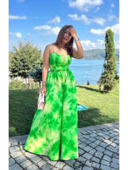 BUDUN - Anahita Green Tie-Dye Printed Tie-Back Long Flared Dress