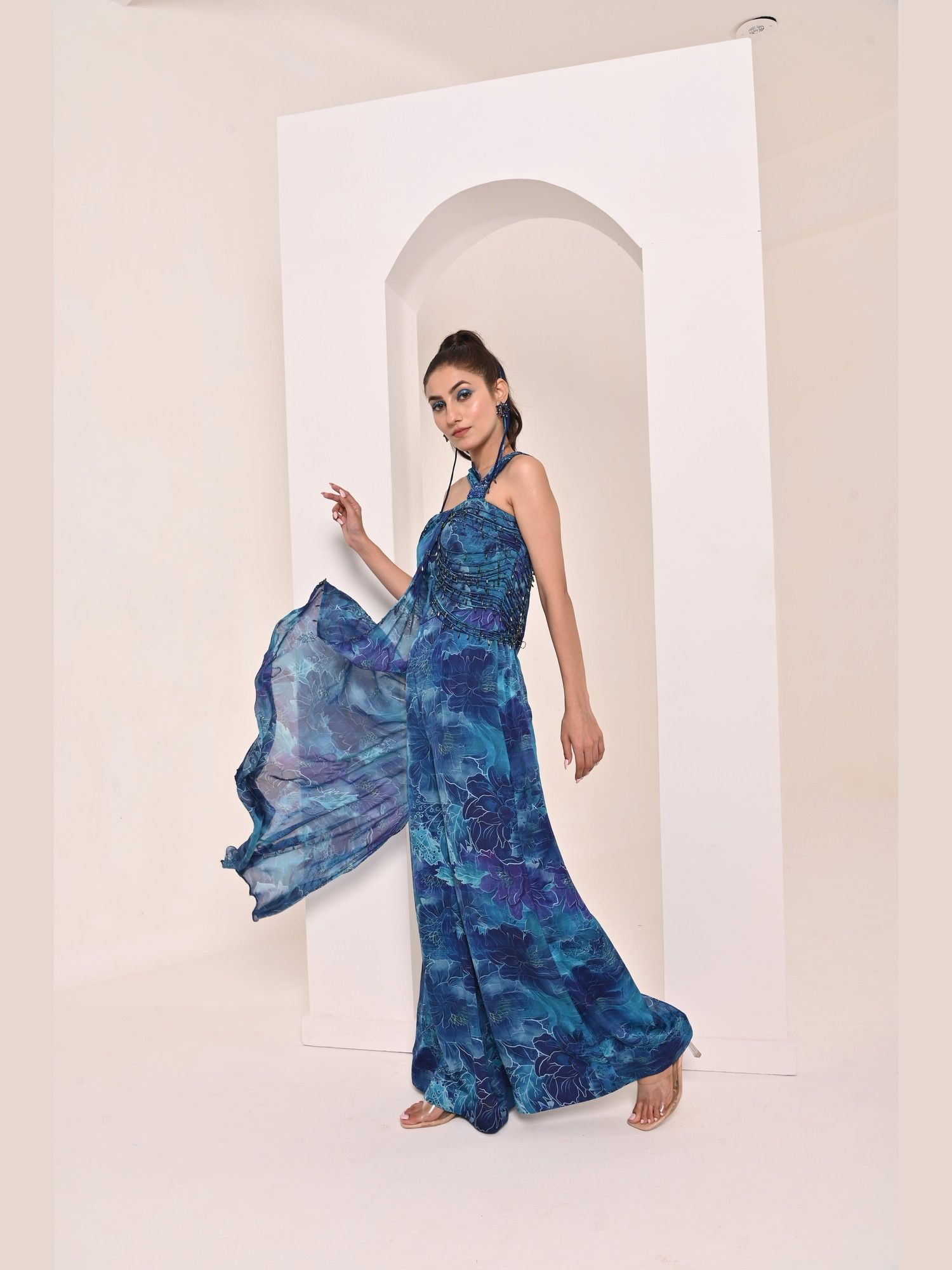 Blue Floral Printed Jumpsuit