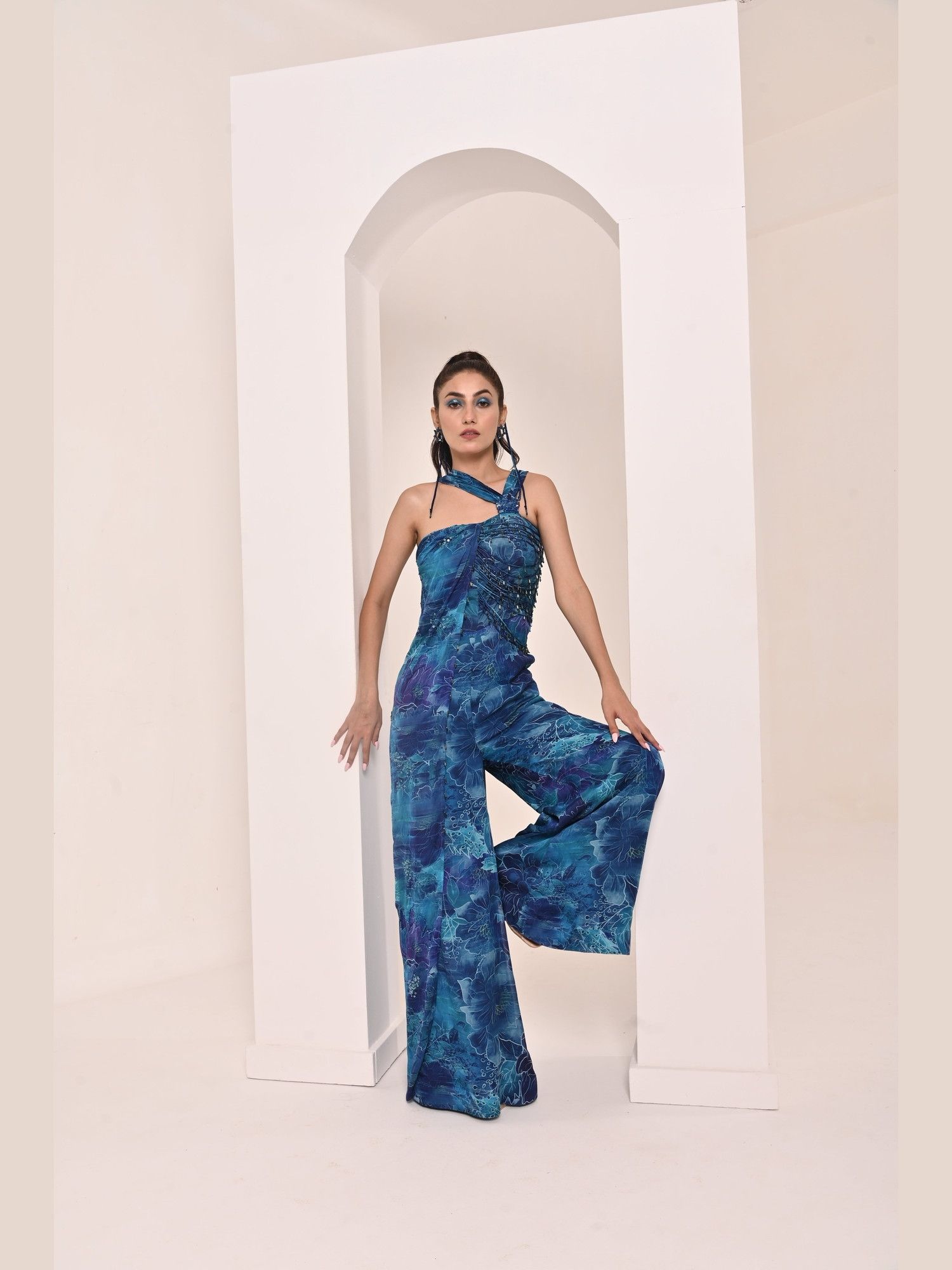 Blue Floral Printed Jumpsuit