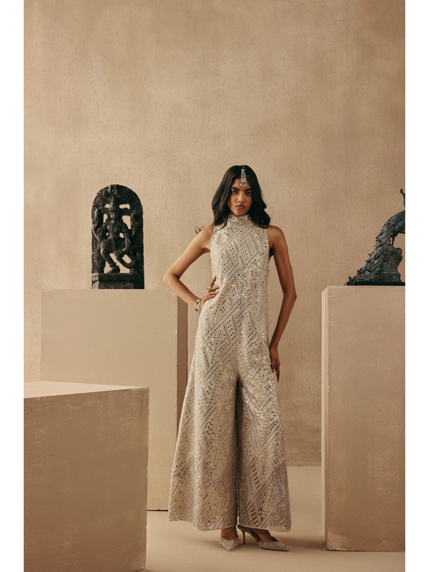 Beige Pure Cotton Mirrorwork Jumpsuit