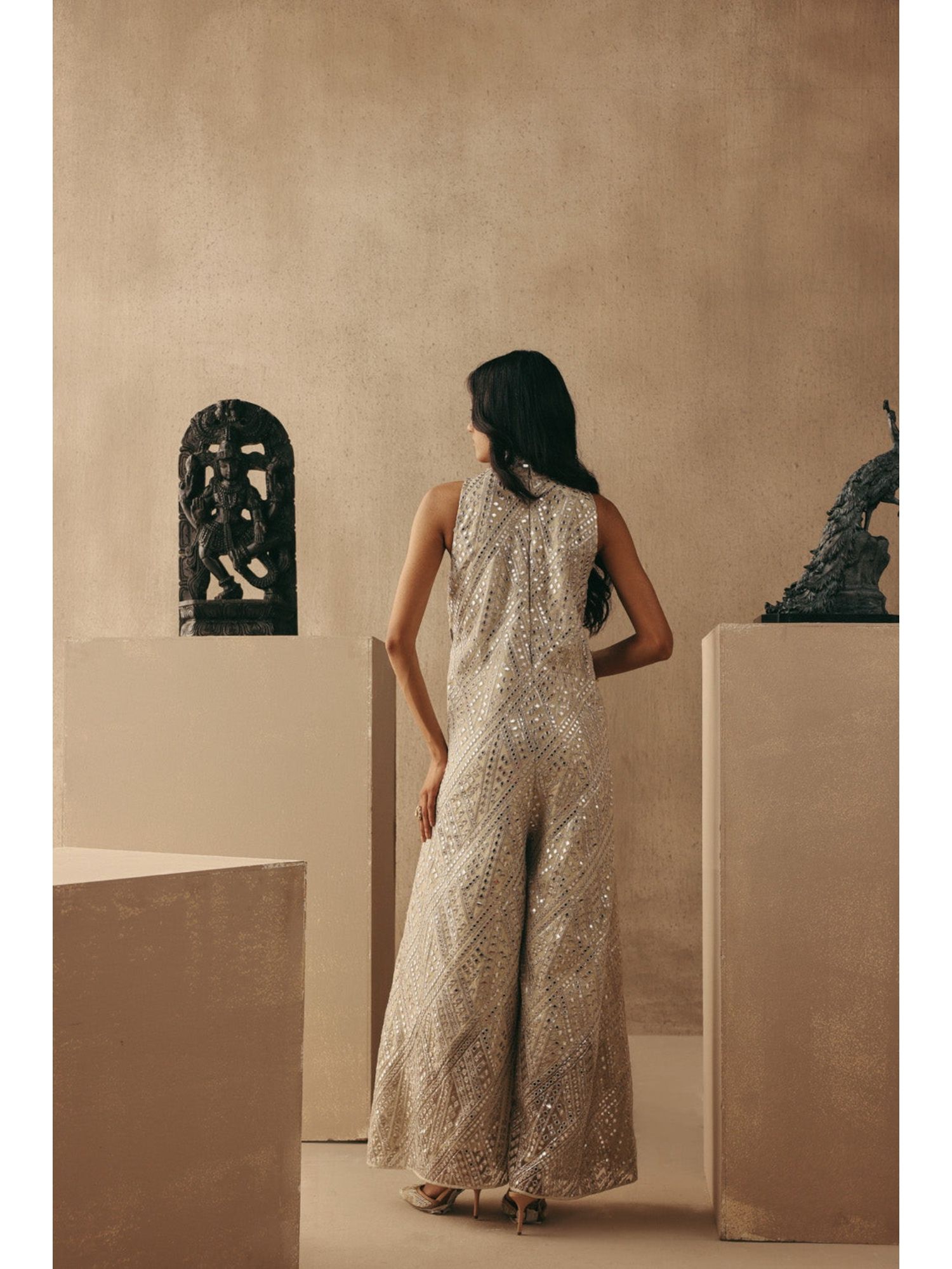 Beige Pure Cotton Mirrorwork Jumpsuit