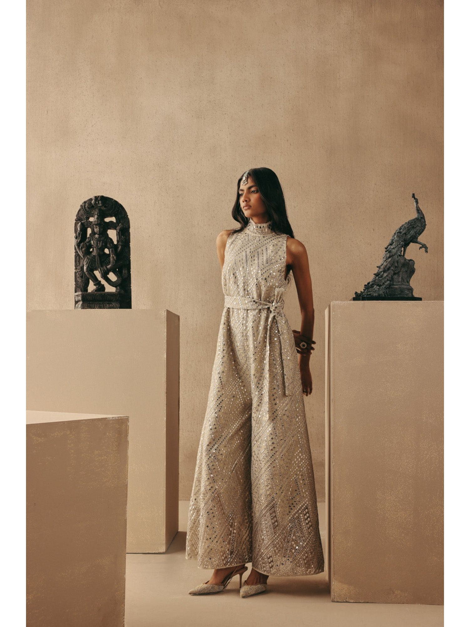 Beige Pure Cotton Mirrorwork Jumpsuit