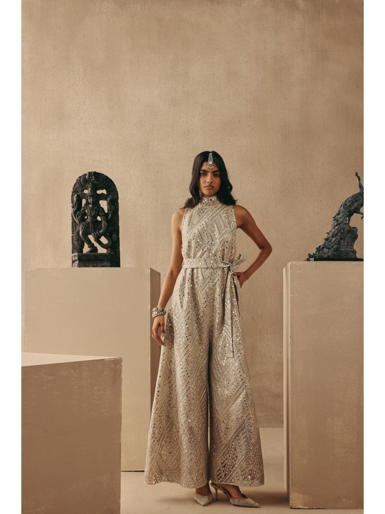 Beige Pure Cotton Mirrorwork Jumpsuit