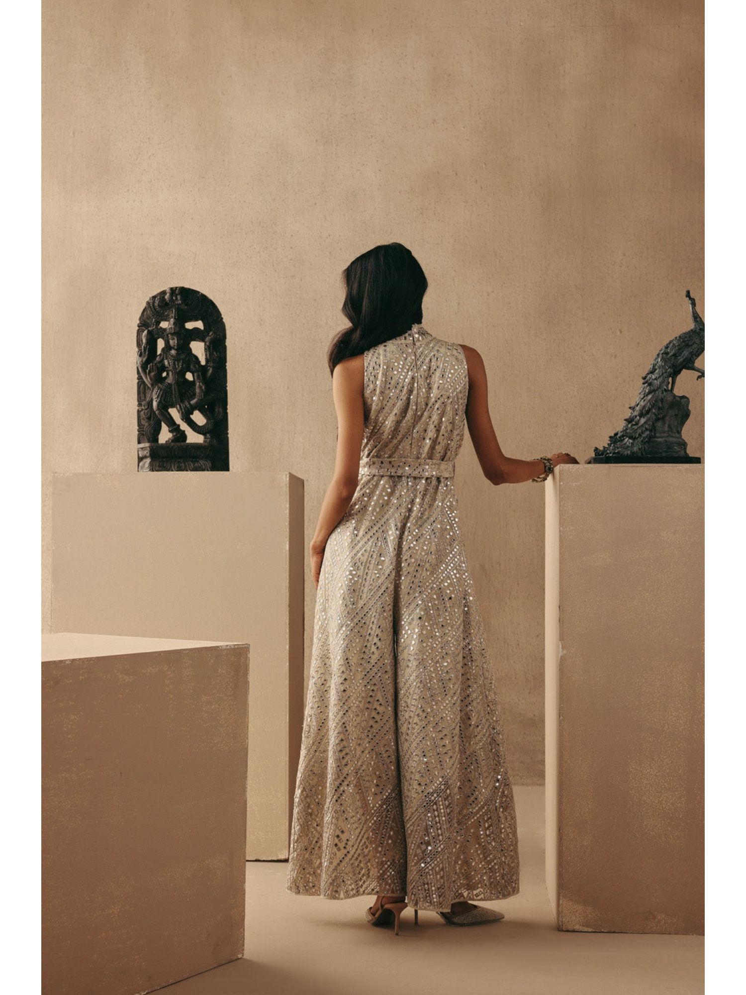 Beige Pure Cotton Mirrorwork Jumpsuit