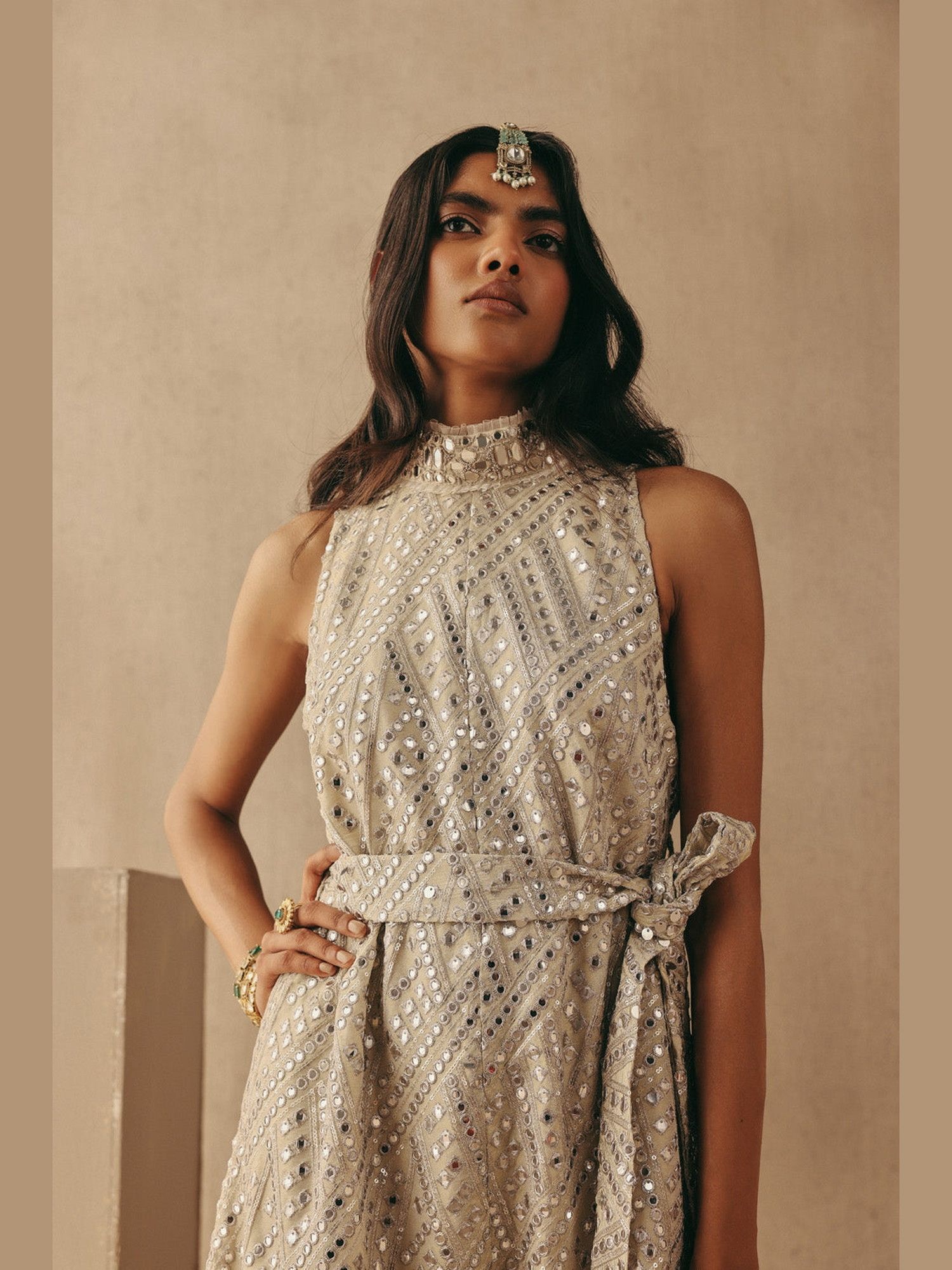 Beige Pure Cotton Mirrorwork Jumpsuit