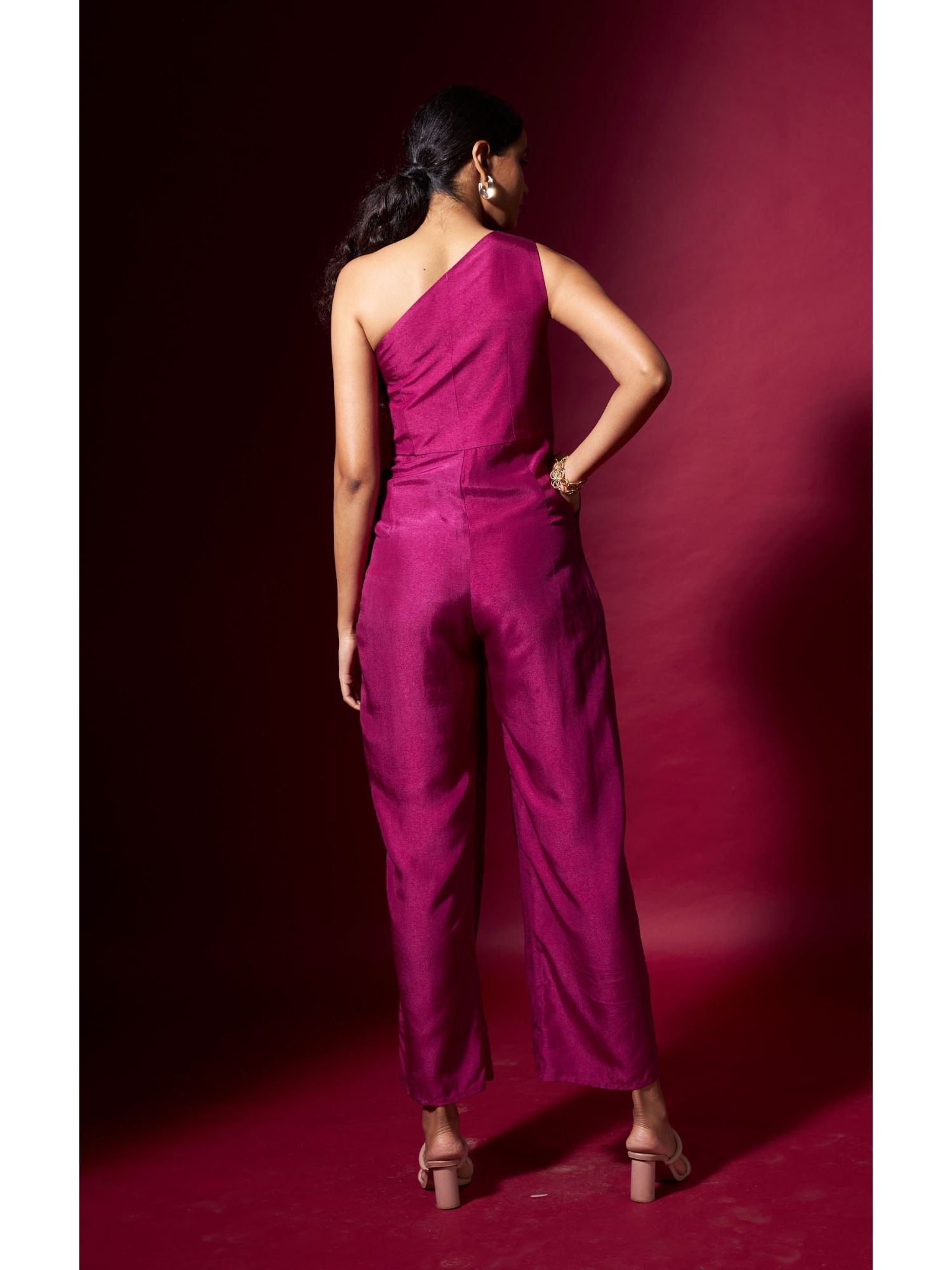Pink One Shoulder Silk Jumpsuit
