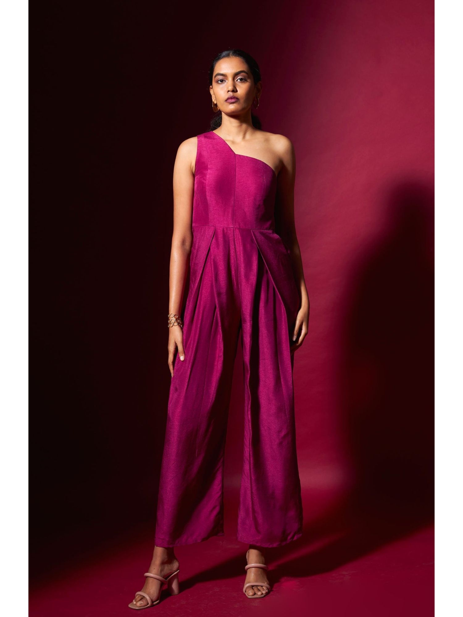 Pink One Shoulder Silk Jumpsuit