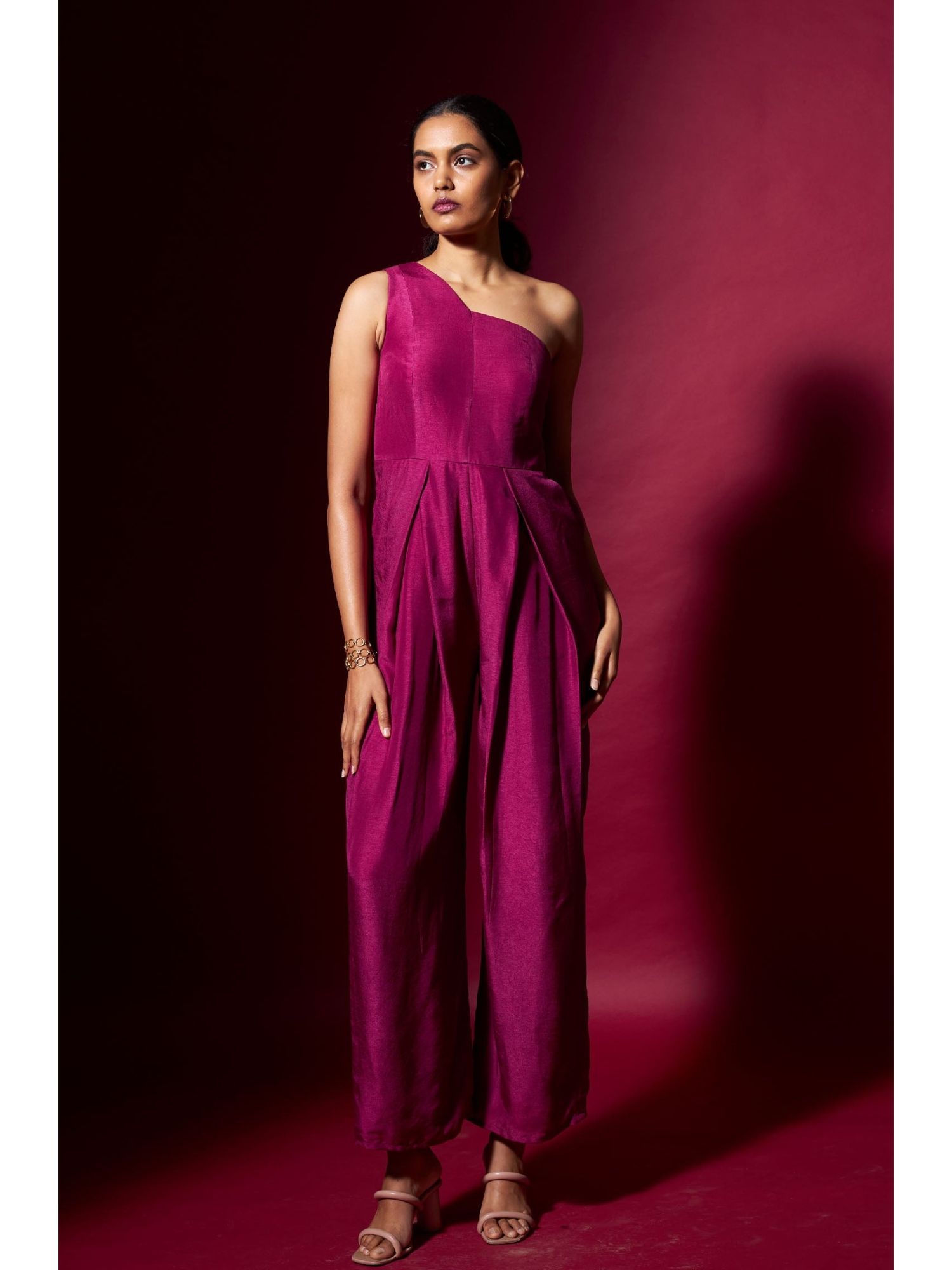 Pink One Shoulder Silk Jumpsuit