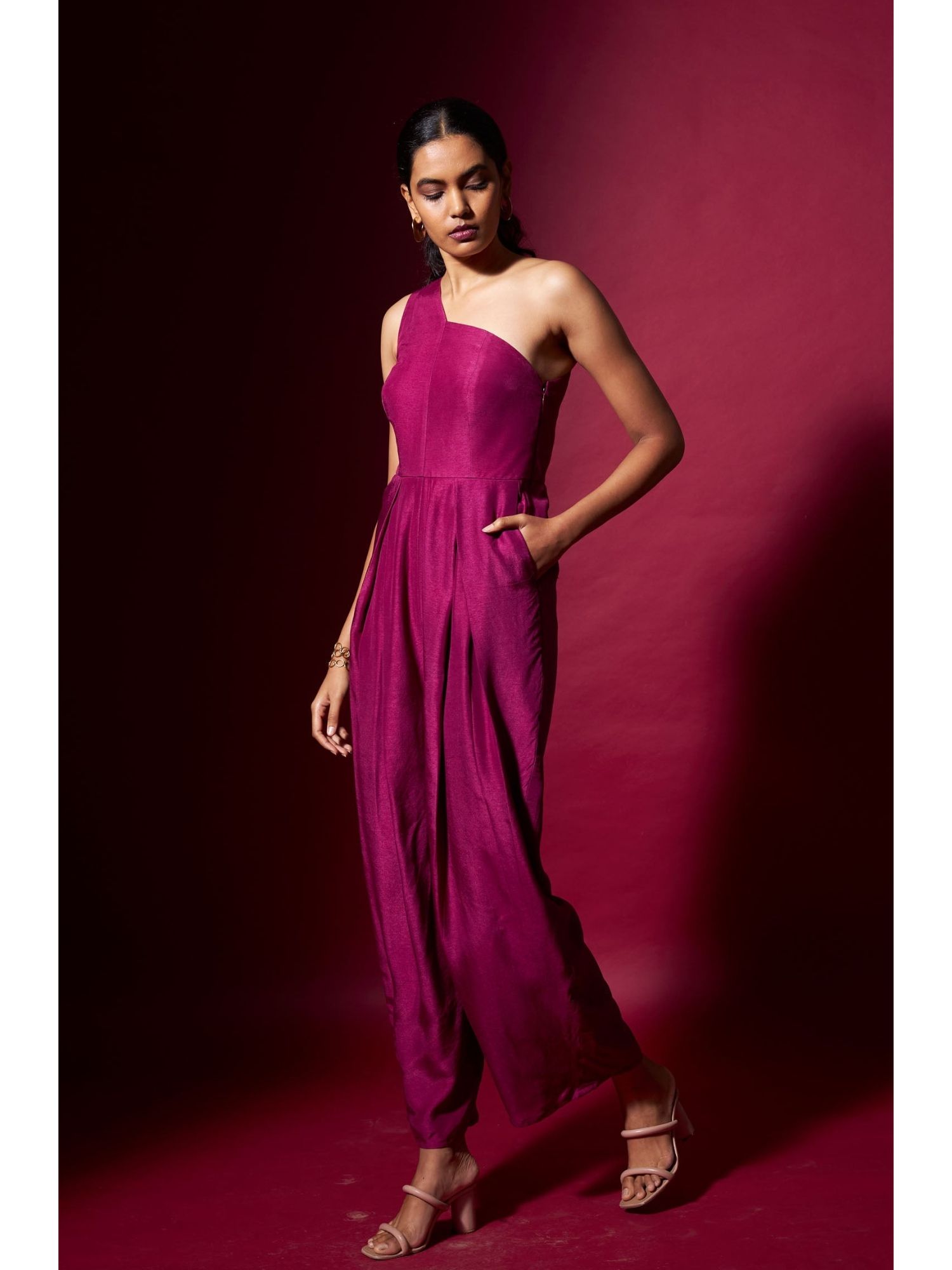 Pink One Shoulder Silk Jumpsuit