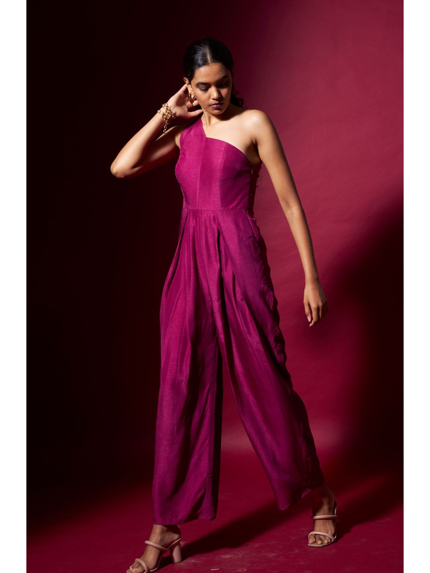 Pink One Shoulder Silk Jumpsuit