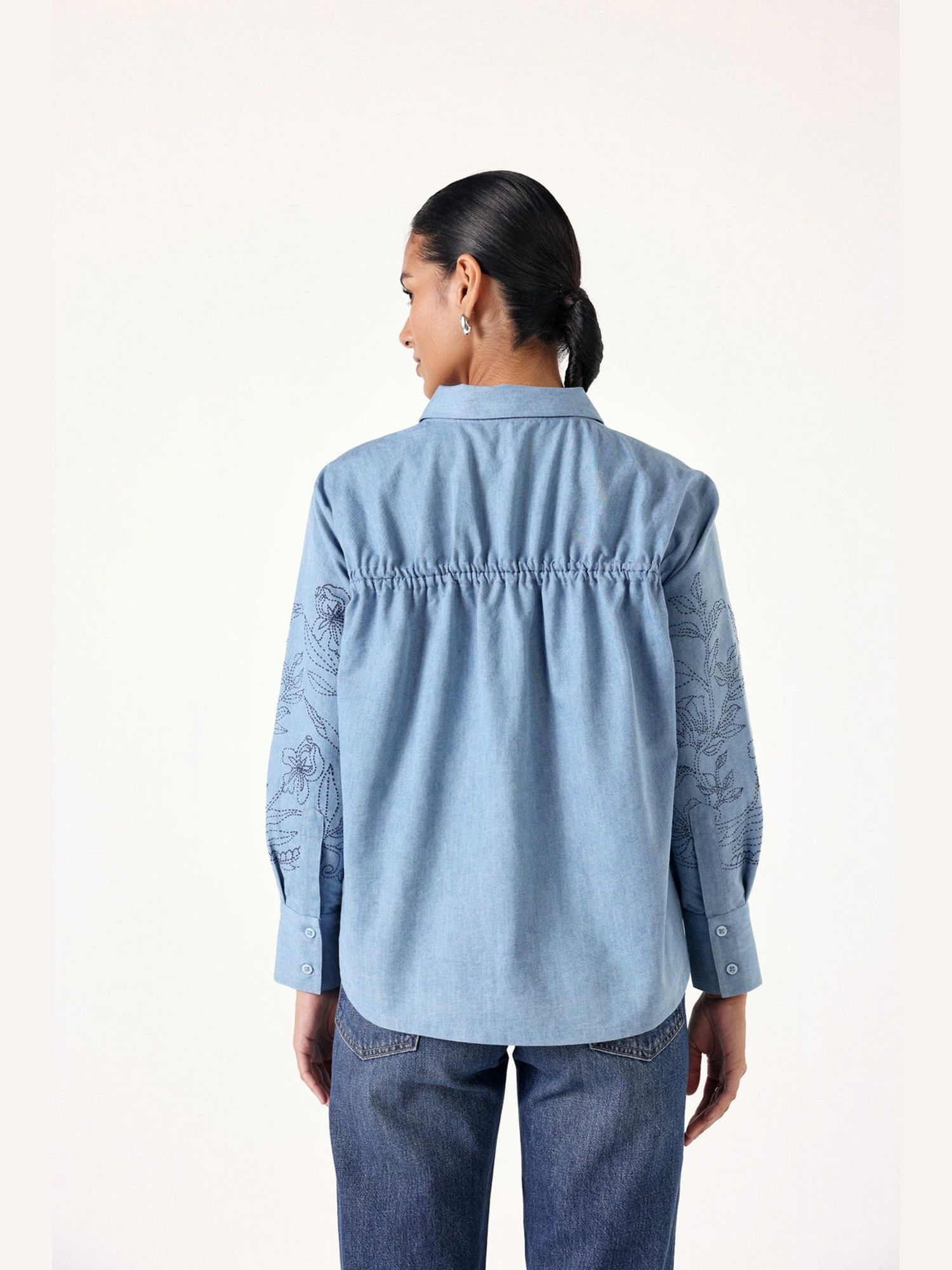 Blue Denim Floral Collar Neck Shirt