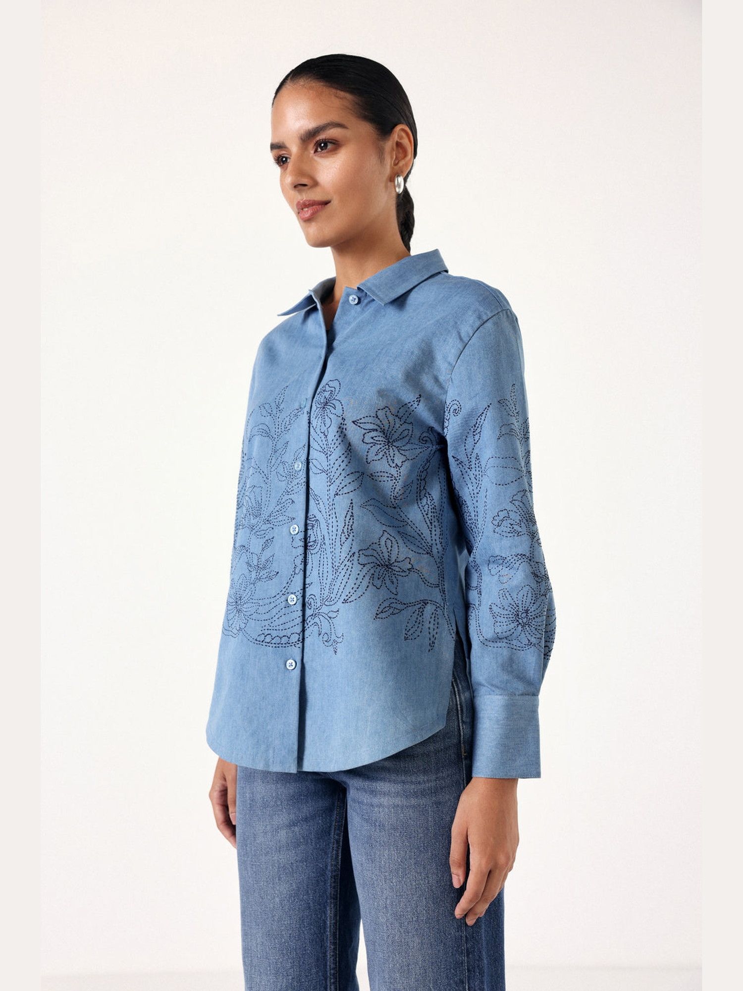 Blue Denim Floral Collar Neck Shirt