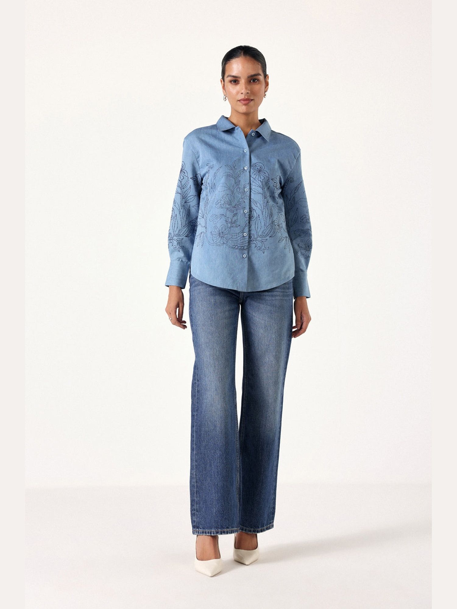 Blue Denim Floral Collar Neck Shirt