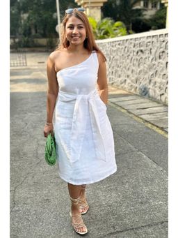 BUDUN - Naomi White Jute Linen One Shouldered Knee Length Dress