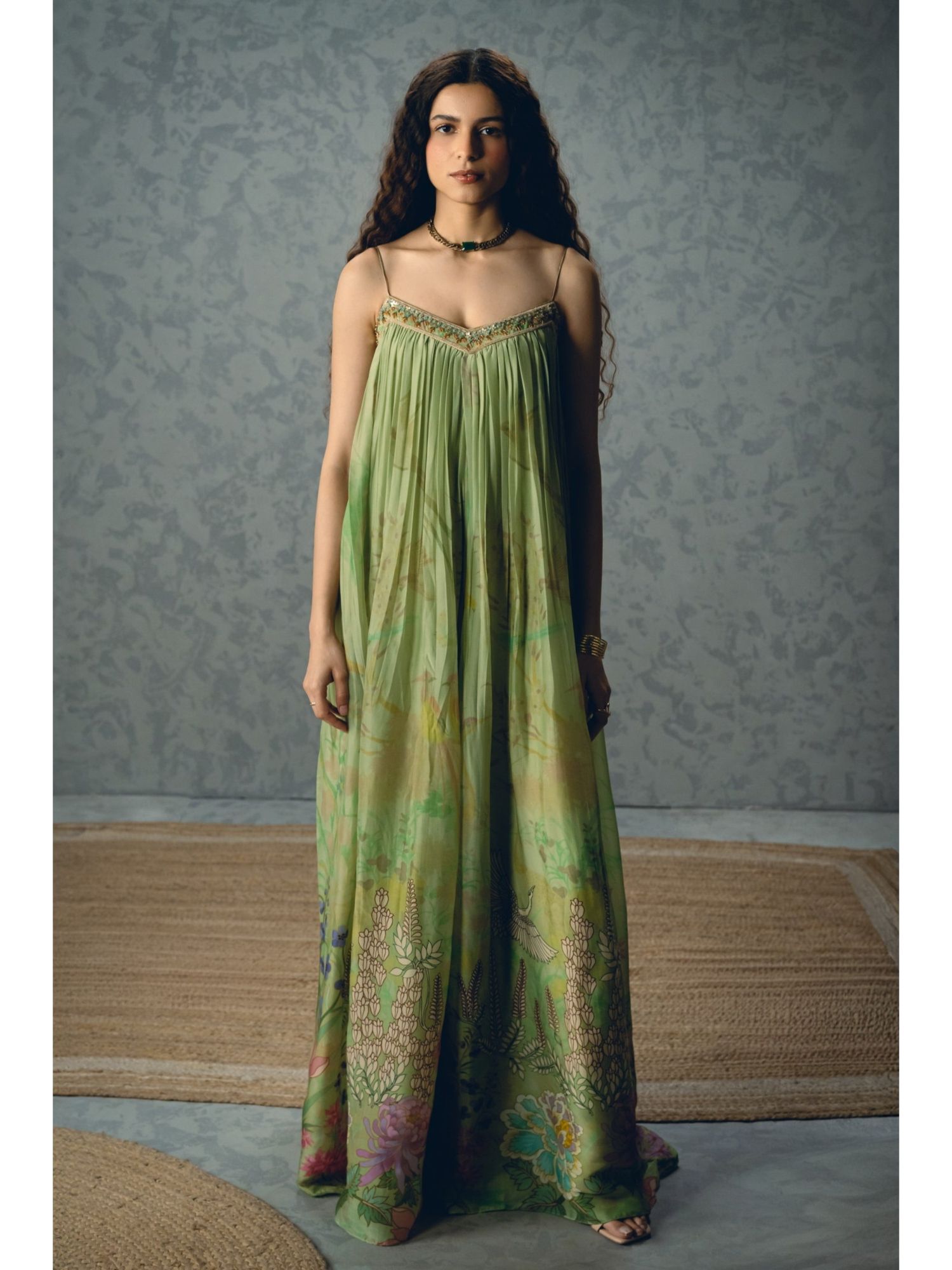 Yume Women's Organza Silk Green Sleeveless Jumpsuit
