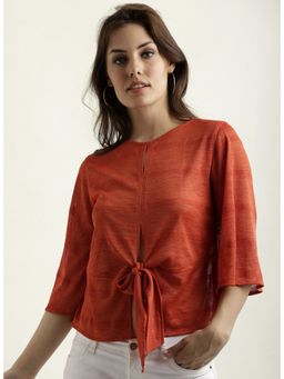 Miss Chase - Women's Orange Round Neck 3/4 Sleeve Solid Front Slit Knotted Top