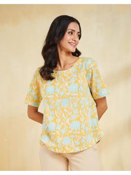 Fabindia - Yellow Cotton Ajrakh Printed Top