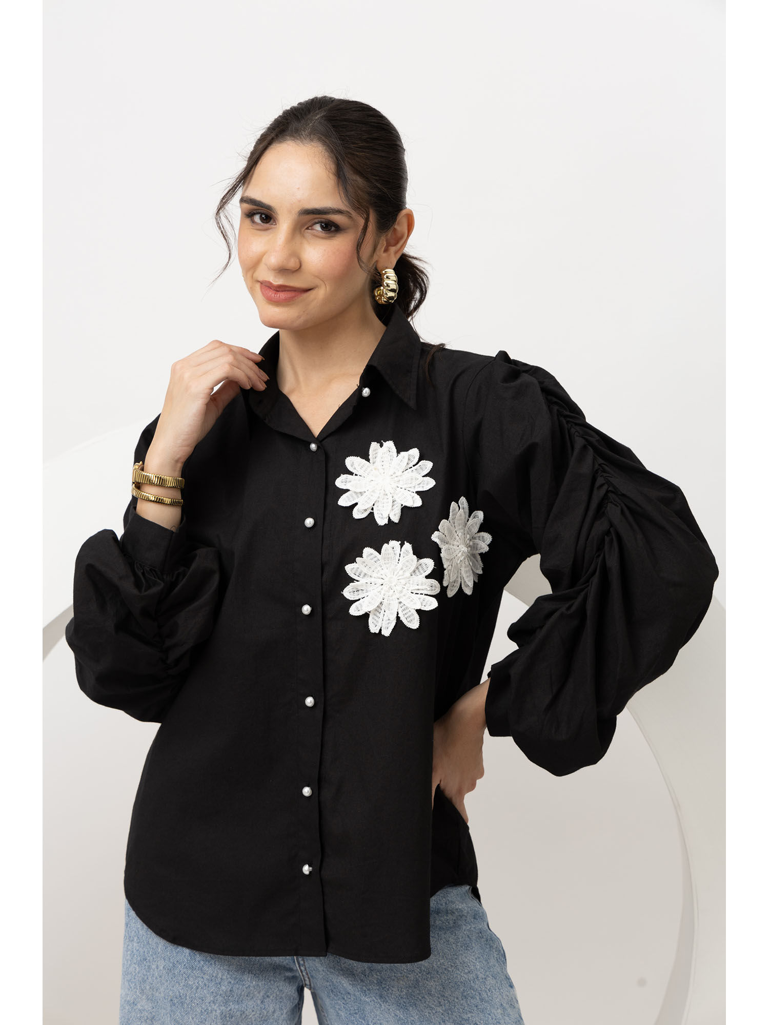 empress pitara Black Cotton Puff Sleeves Shirt-picture-34