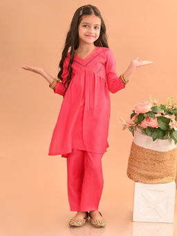 Lilpicks - Yoke Embroidered Designed Straight Kurta Pant - Pink (Set of 2)