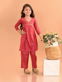 Lilpicks - Yoke Embroidered Designed Straight Kurta Pant - Rose Red (Set of 2)