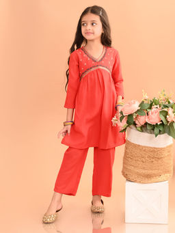 Lilpicks - Yoke Embellished Designed Straight Kurta Pant - Orange (Set of 2)