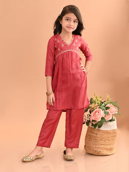 Lilpicks - Yoke Embellished Designed Straight Kurta Pant - Crimson Red (Set of 2)