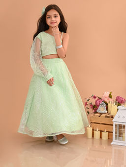 Lilpicks - Sequin One Shoulder Ready to Wear Partywear Lehenga Choli - Green (Set of 2)