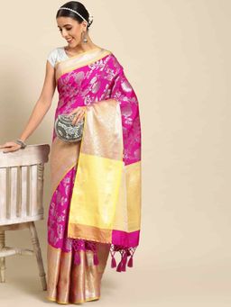 Silk Land - Womens Brocade Soft Silk Pink Zari Woven Saree with Unstitched Blouse