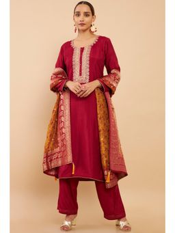 Soch - Maroon Silk Embroidered Dress Material with Contrast Dupatta (Set of 3)