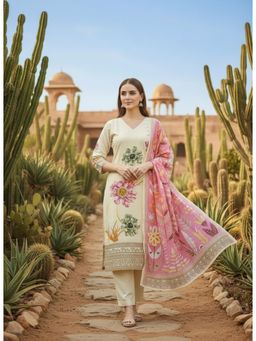 Gahan - Beige Printed V-Neck Kurta & Pant with Dupatta
