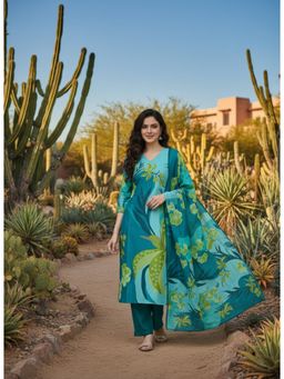 Gahan - Blue Printed V-Neck Kurta & Pant with Dupatta