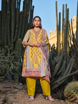 Gahan - Yellow Printed V-Neck Kurta & Pant with Dupatta