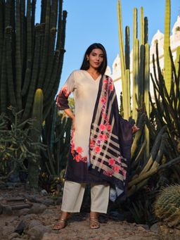 Gahan - White Printed V-Neck Kurta & Pant with Dupatta