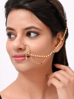 Silvermerc Designs - Gold Plated White Stone Studded & Pearl Beaded Chained Nose Ring