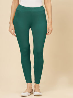Stylum - Womens Green Solid Mid Rise Cotton Lycra Ankle Length Leggings