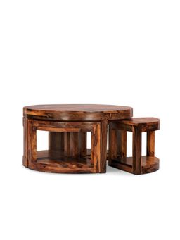 Ikiriya - Queens Sheesham Wood Coffee Table with 4 Stools Set in Provisional Teak Finish (1 Year Warranty)