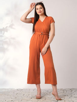 Globus - Women Rust Wrap V-Neck Short Sleeves with Belted Long Jumpsuit