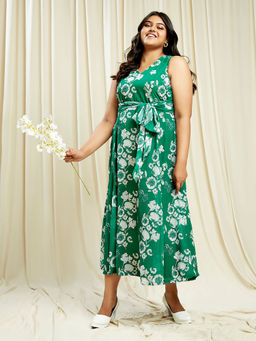Globus - Gloplus Women Green V-Neck Floral Print Waist Tie-Up Plus Size Fit & Flare Midi Dress
