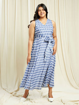 Globus - Gloplus Women Blue V-Neck Abstract Print Waist Tie-Up Plus Size Fit & Flare Midi Dress