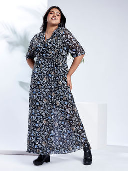 Globus - Gloplus Women Navy V-Neck Floral Print Waist Tie-Up Plus Size Maxi Party Wrap Dress