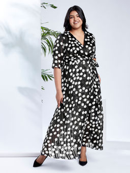 Globus - Gloplus Women Black V-Neck Polka Dots Lurex Waist Tie-Up Plus Size Maxi Party Wrap Dress