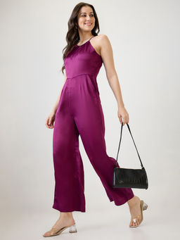 Globus - Women Burgundy Satin Halter Neck Wide Leg Party Jumpsuits