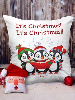 Indigifts - It's Christmas Printed Cushion Cover with Filler White, Reversible Santa Soft Toy