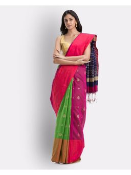 Angoshobha - Handwoven Printed Festive Cotton Blend Saree -Green Pink Blue with Unstitched