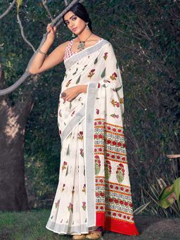 Akhilam - Womens Pure Linen Off White Printed Designer Saree with Unstitched Blouse