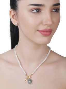 Lilly & Sparkle - Pearl Necklace with Black Enameled Toggle Charm and Pearl Stud Earrings
