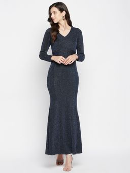Madame - Navy Floor Length Metallic Navy Dress
