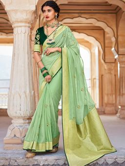 Odette - Green Silk Blend Saree with Unstitched Blouse