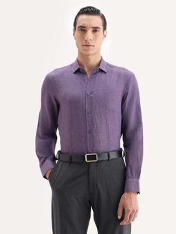 Rare Rabbit - Men'S Borium-25 Purple Linen Fabric Spread Collar Regular Fit Plain Shirt